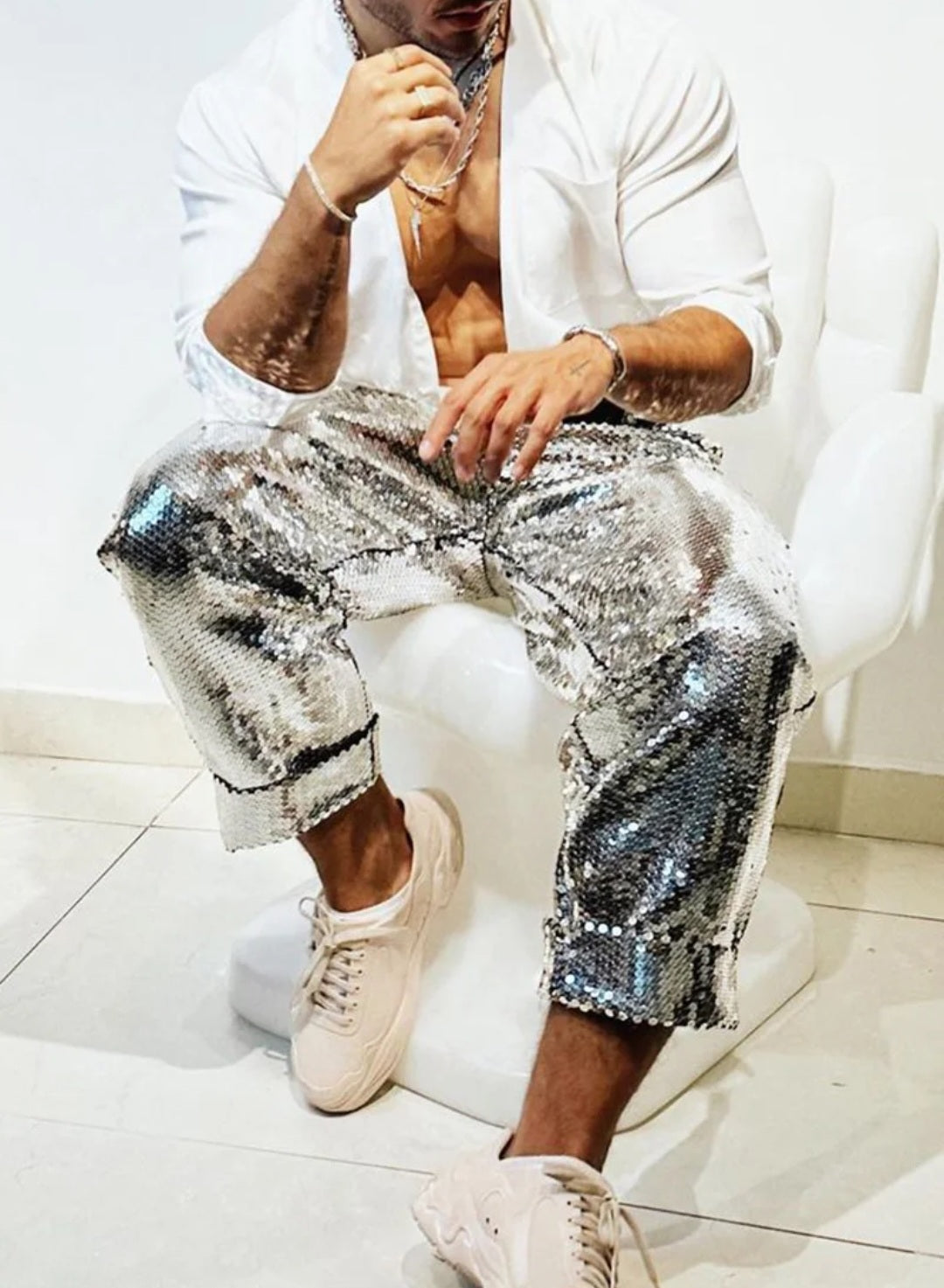 Sequin Festival Loose Fit Silver Pants