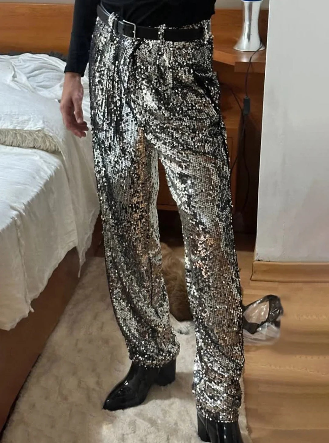 Sequin Festival Loose Fit Silver Pants