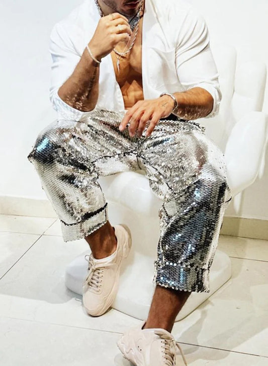 Sequin Festival Loose Fit Silver Pants