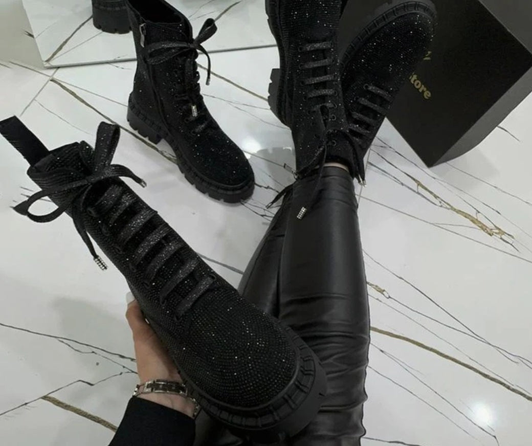 Sparkel Thick-Heel Casual Lace-Up Boots