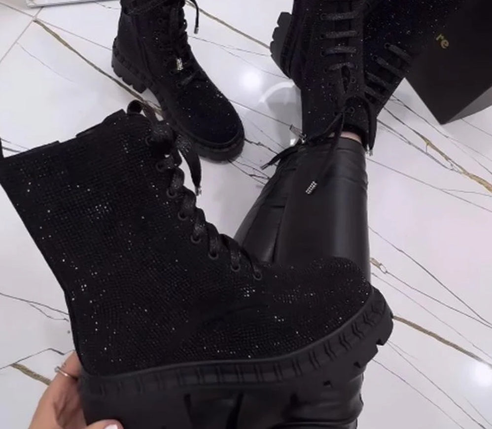 Sparkel Thick-Heel Casual Lace-Up Boots