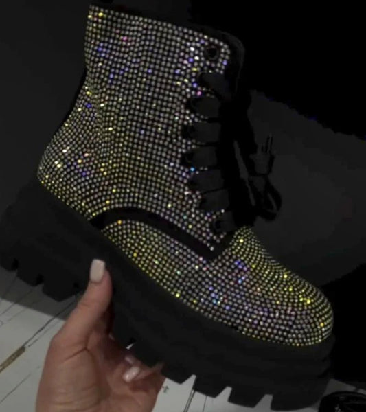 Fashion Crystal Stone Lace-Up Boots