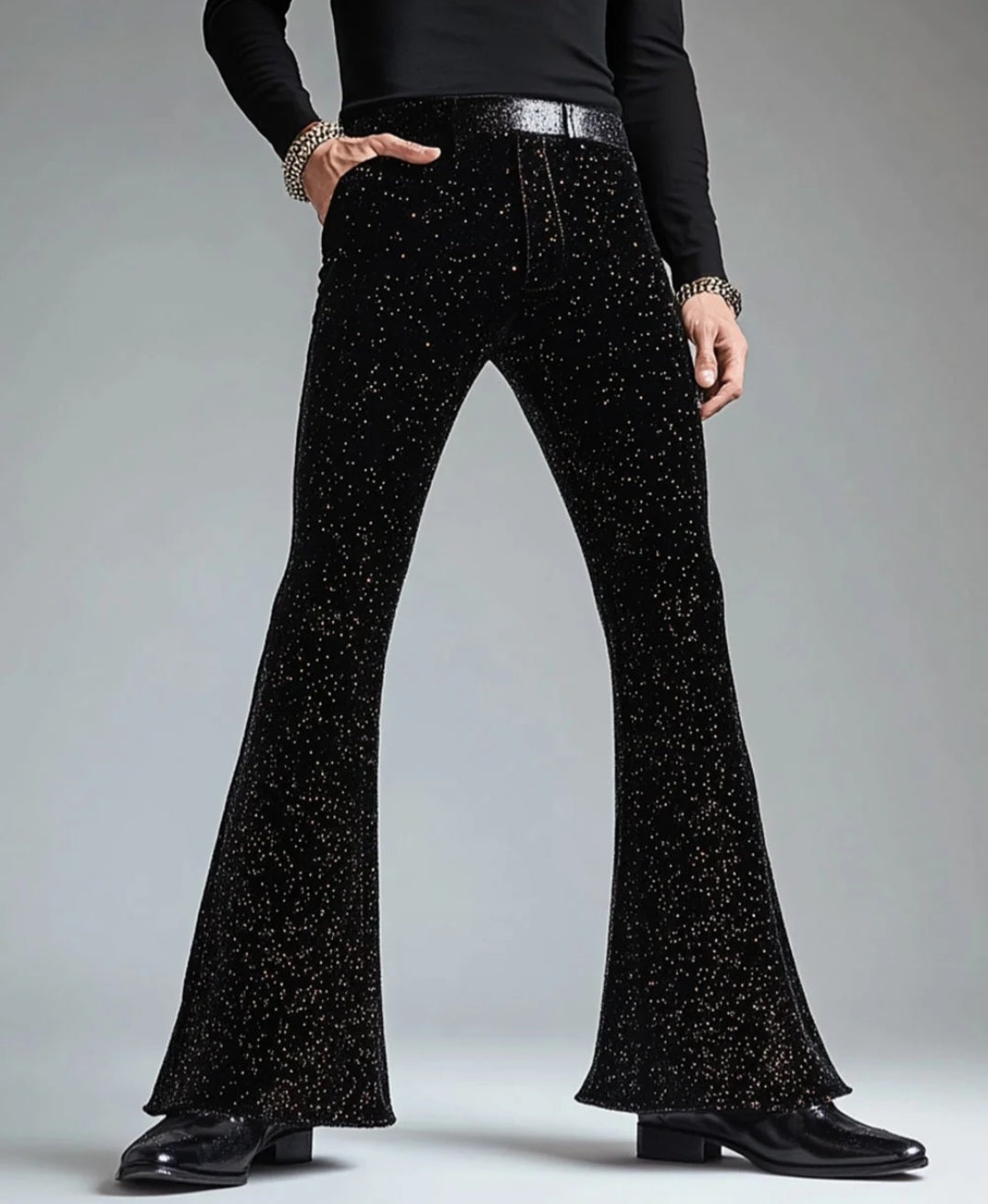Vintage Black Sequined Flared Pants